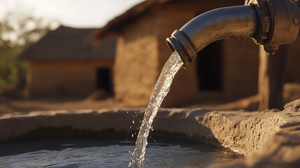 Clear water gushes from a metal pipe, filling a rustic basin in a rural village. The sun casts long shadows, highlighting the dry, earthen structures nearby, a lifeline.