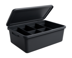 Lift-top under-bed storage bin with dividers, ideal for organizing family room games.