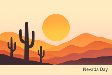 Nevada day desert landscape illustration with cactus mountains and orange sunset celebrating state heritage and natural beauty