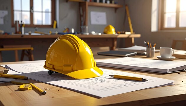 Yellow hard hat resting on architectural blueprints in a well-lit workshop with tools and plans