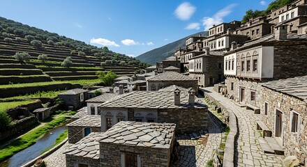 Historic village with stone buildings and terraced hillside under blue sky