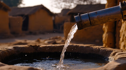Water flows from a metal pipe into a stone basin, quenching the village's thirst, a lifeline in the heart of the landscape, bringing hope to a community. 173 ch.