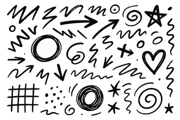 Fototapeta premium Hand-Drawn Doodle Elements in Black Ink on White Background – Abstract Sketch Collection