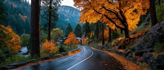 Curved forest road lined with glowing orange autumn trees and cozy cabin lights beside river in misty mountain valley at dusk