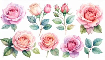 Beautiful watercolor illustrations of delicate roses in soft pastel shades, perfect for romantic designs and elegant themes