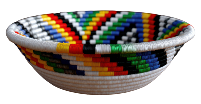 A colorful, handcrafted woven bowl featuring intricate patterns and vibrant colors.