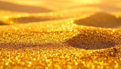 Macro view of brilliant golden sand shimmering under ambient light, revealing a captivating pattern of countless reflective particles, symbolizing wealth and natural beauty
