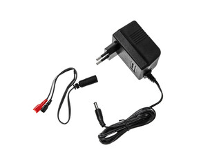 Black AC wall adapter with DC output plug and a separate clip attachment cable, all isolated on a white back