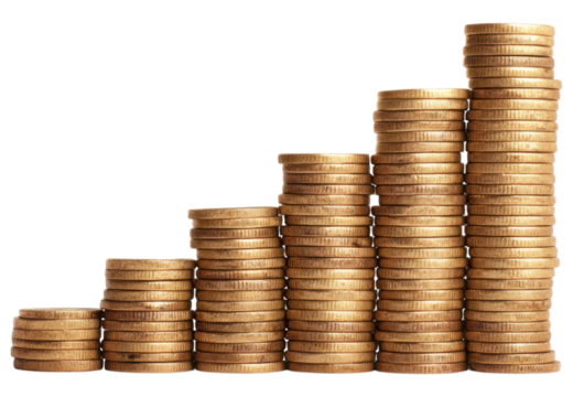 A stack of gleaming gold coins arranged in ascending order, symbolizing wealth and financial growth.