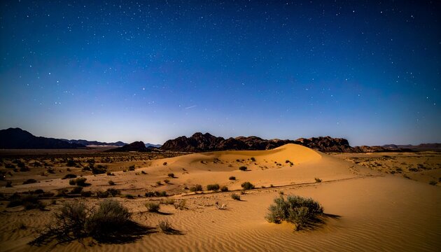 Serene desert landscape under a starry night sky with gentle sand dunes and distant mountains