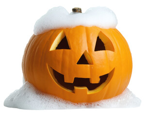 Fototapeta premium A carved pumpkin with a smiling face, topped with foamy bubbles, representing Halloween festivities.