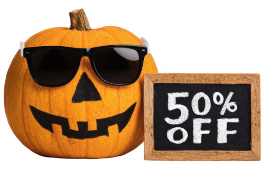 A cheerful pumpkin wearing sunglasses displays a playful expression next to a sign advertising a 50% discount.