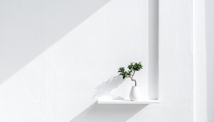 Minimalist white interior with a small green plant in a sleek vase, bathed in natural light and dramatic shadows, creating a serene and modern aesthetic