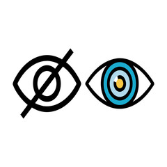 Two stylized eyes one crossed out and one open representing visibility and invisibility