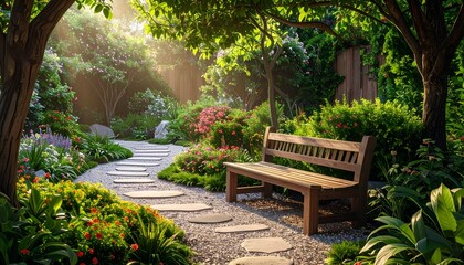 Serene garden path with a wooden bench surrounded by vibrant flowers and lush greenery in soft sunlight