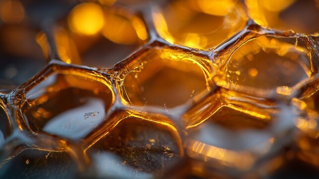 Close-up microscopic honeycomb-like structure with hexagonal translucent cells, glowing highlights, detailed texture, photorealistic scientific abstract image. - Powered by Adobe