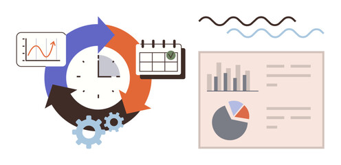 Naklejka premium Calendar, clock with arrows, pie chart, bar graph, gears, and charts representing time management, analytics, productivity. Ideal for planning business strategy organization teamwork workflow