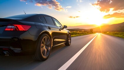 Obraz premium Black sedan driving on an open road during sunset, with vibrant clouds and mountains in the background