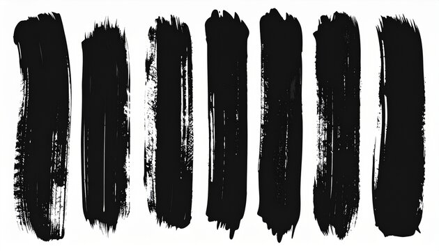 Collection of dynamic black paint brush strokes, hand-drawn and textured, perfect for graphic design elements and artistic overlays, offering a raw and expressive aesthetic