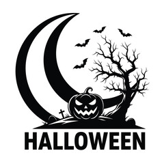 Halloween logo design in a black silhouette style, A spooky scene with a jack o' lantern, creepy tree, flying bats, and a crescent moon over a graveyard, Vector graphic for t-shirt designs EPS 10