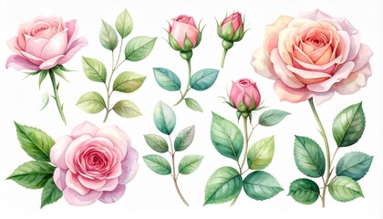 Watercolor Collection of Delicate Pink Roses with Green Leaves and Buds