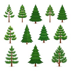 Obraz premium Assortment of cartoon evergreen trees isolated on a white backdrop