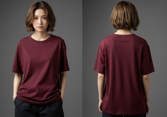 Maroon Red Oversized TShirt Mockup Tee Front and Back Views on a Asian Female Model