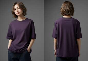 Dark Purple Oversized TShirt Mockup Tee Front and Back Views on a Asian Male Model