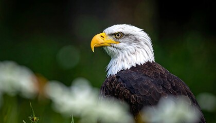Obraz premium Eagle portrait, white head, brown body, focused, vibrant with blurred flowers in foreground against a blurry green background