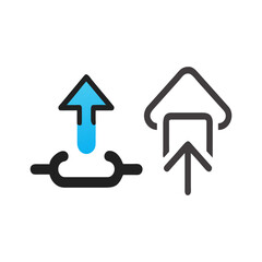 Two stylized icons representing upload and export actions with arrows