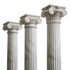 Three classical corinthian columns of varying heights isolated on transparent background