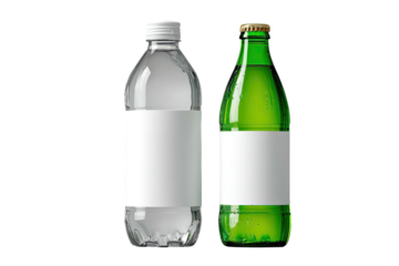 Two beverage containers, one plastic, one glass, both with blank white labels