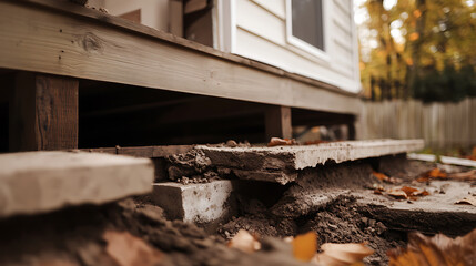 Foundation view showcases a raised structure's base with decaying concrete blocks and wooden supports, set against an autumnal backdrop of muted foliage. #Construction