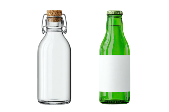 Two glass bottles, one clear, one green, with blank labels.  One with a cork and metal closure, the other with a screw-on cap