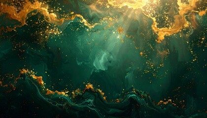 Obraz premium Abstract oceanic scene with golden light rays piercing through turquoise waves, creating a serene atmosphere