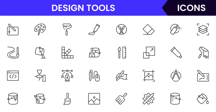 Design Tools Vector line icon collection showcasing creative tools including brushes, pencils, palettes, design software, and editing gear ideal for artistic and design platforms. - Powered by Adobe