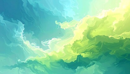 Fototapeta premium Dreamy, colorful skyscape with abstract clouds in hues of teal, turquoise, and lime green, creating a peaceful and airy vista