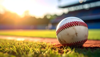 Close-up of a baseball resting on the grass in a sunlit stadium with blurred stands in the background