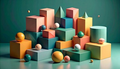 Geometric pastel shapes arranged in a stack, creating a visually appealing and abstract composition against a green backdrop
