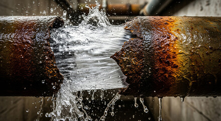 A rusty pipe burst, spraying water in close-up, in a dramatic scene of an urgent situation, highlighting a plumbing emergency and potential damage, emergency situation