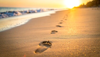 Footprints on a golden sandy beach lead toward a blurry sunset, where gentle waves kiss the shore