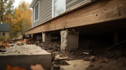 Exterior of a house with the focus on the crawl space foundation. Shows support beams, dirt, and fallen leaves during autumn. Perspective emphasizes the home's structure.