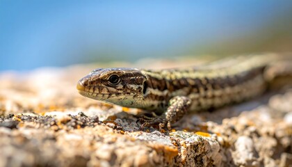 Naklejka premium Lizard rests on a stone ledge with a blurred blue background, basking under sunlight on a bright day