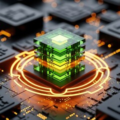 Green glass processor chip with glowing orange circuit board