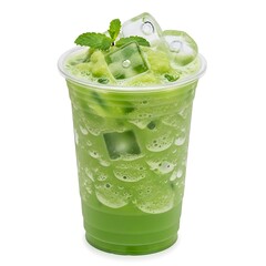 Green iced beverage with mint and ice cubes in plastic cup