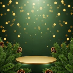 Green podium with pine branches and golden bokeh lights