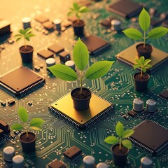 Green sprouts growing from circuit board components