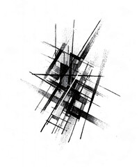 Abstract black ink drawing with intersecting lines and smudges on transparent background