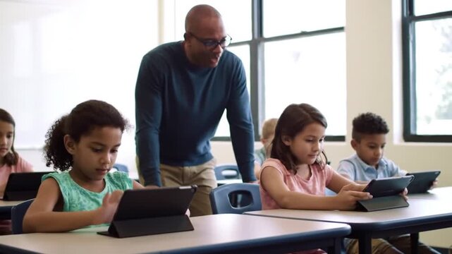Engaging classroom scene with diverse children using tablets while a teacher assists, fostering learning - Powered by Adobe