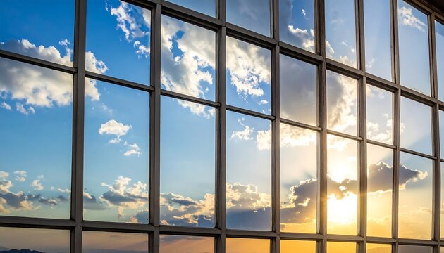 Grid of windows reflects a bright, blue sky with fluffy clouds and a golden sunset in the horizon - Powered by Adobe